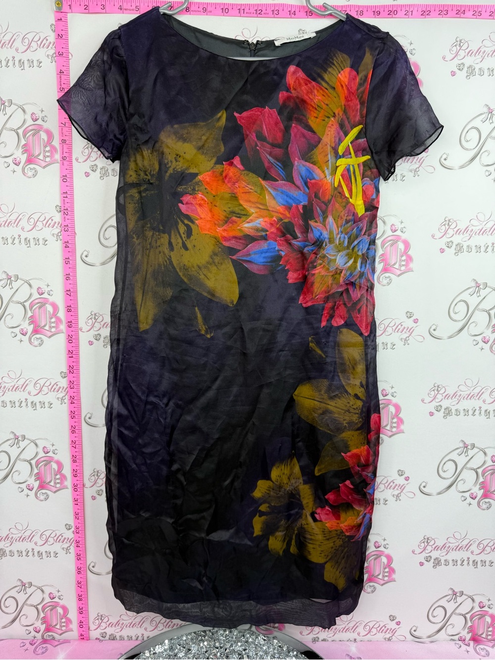 MaxMara dress navy Black Midi Shift Dress with Multicolor Floral Print